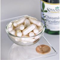 Thumbnail für Swanson's Chromium Picolinate - 200 mcg 100 Kapseln in einer Schale neben einem Penny.