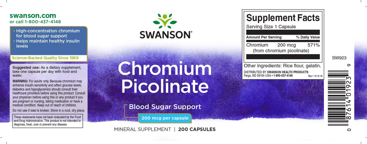 Eine Flasche Swanson Chromium Picolinat - 200 mcg 200 Kapseln.