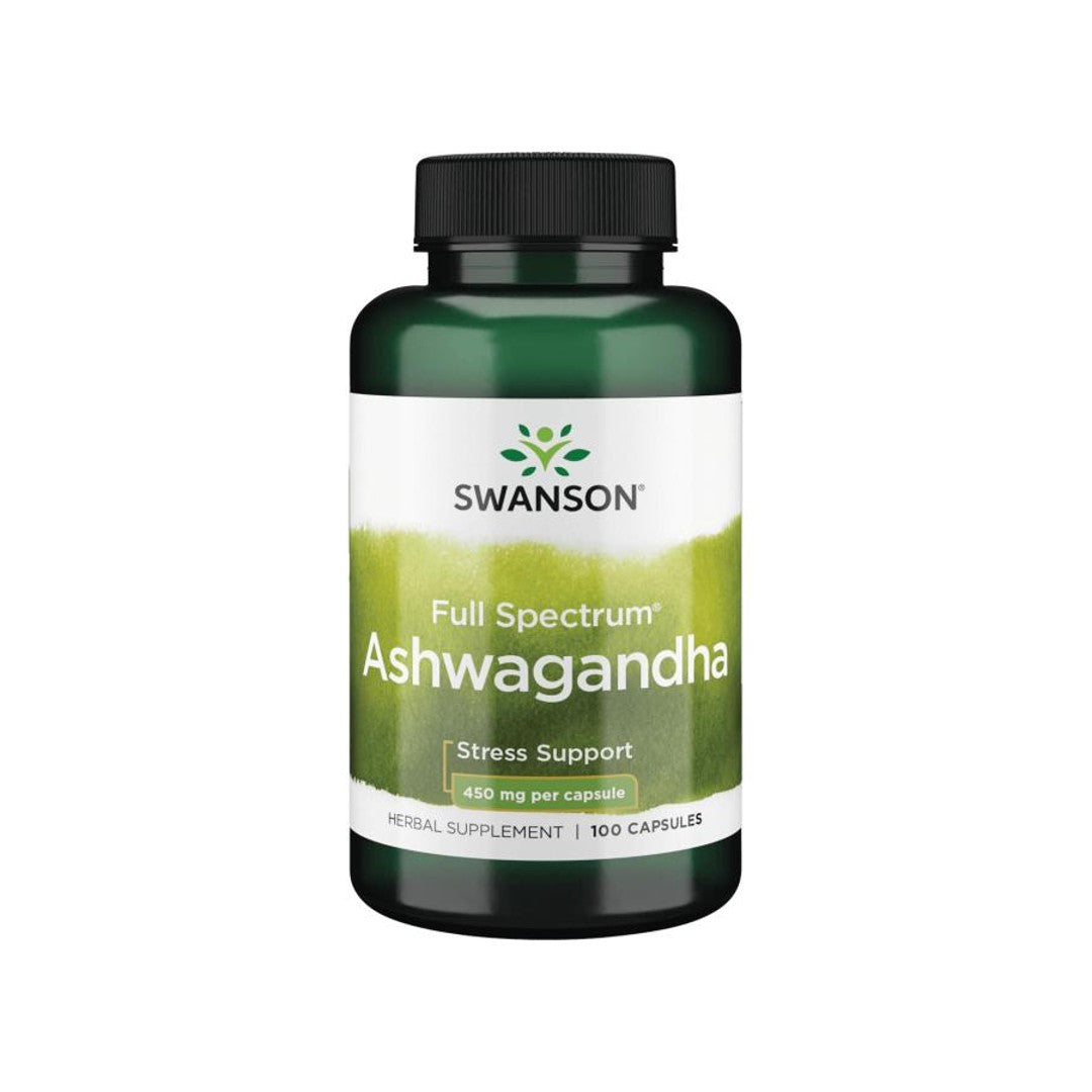Eine Flasche von Swanson's Ashwagandha - 450 mg 100 Kapseln Ergänzung.