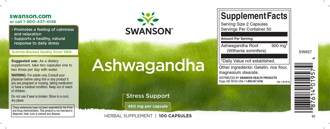 Ein Etikett für Swanson Ashwagandha - 450 mg 100 Kapseln.