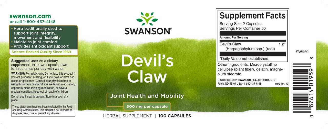 Das Etikett für Swanson's Teufelskralle - 500 mg 100 Kapseln.