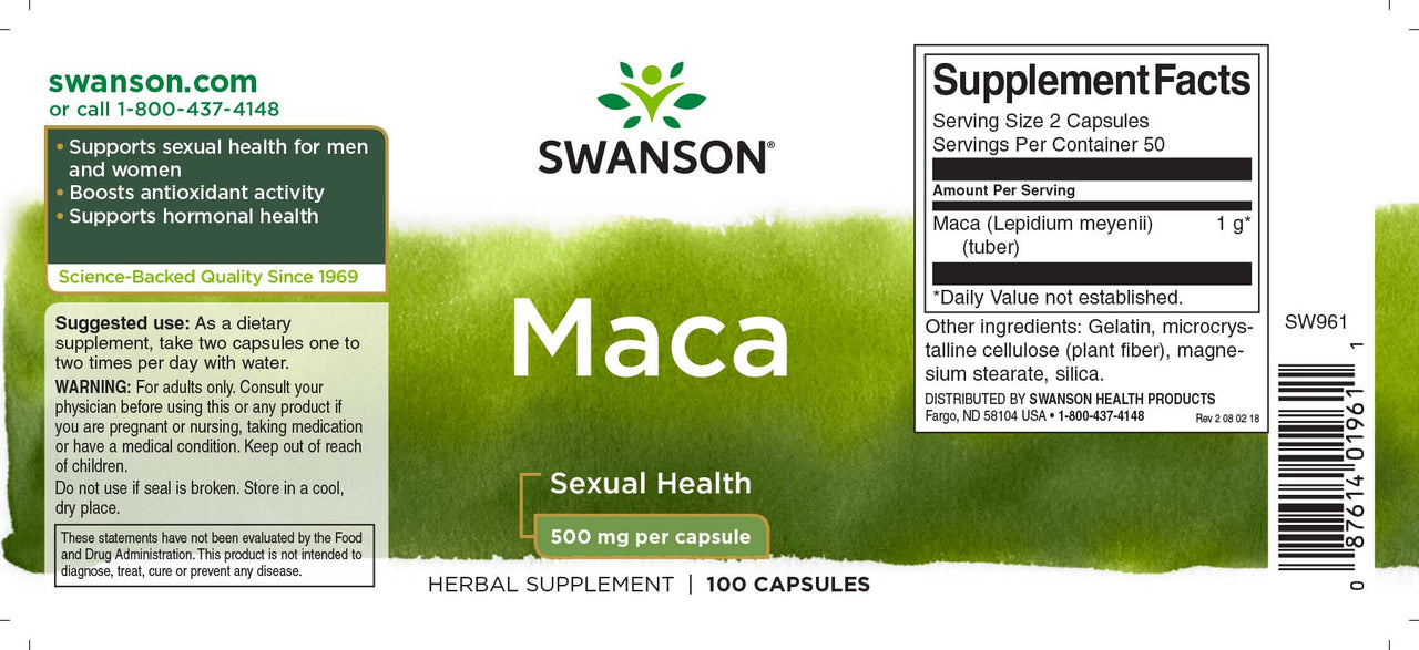Das Etikett von Swanson Maca - 500 mg 100 Kapseln.