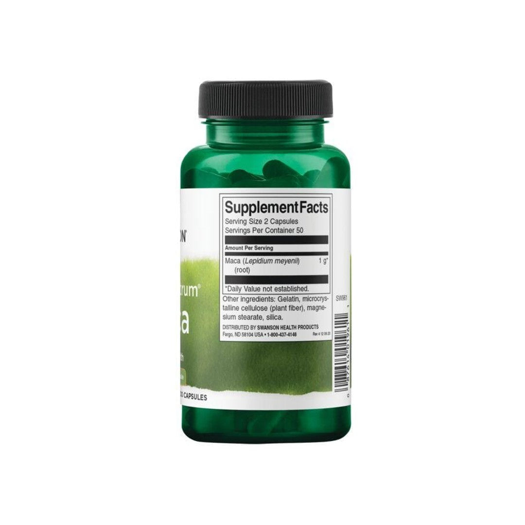 Eine Flasche Maca - 500 mg 100 Kapseln von Swanson auf einem weißen Hintergrund.