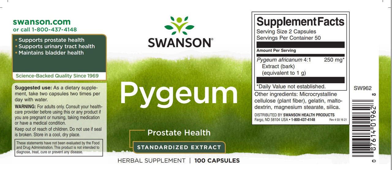 Ein Etikett für Swanson Pygeum - 500 mg 100 Kapseln, zur Förderung der Gesundheit von Prostata und Harnwegen.