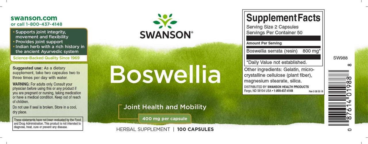 Das Nahrungsergänzungsetikett für Boswellia - 400 mg 100 Kapseln von Swanson.