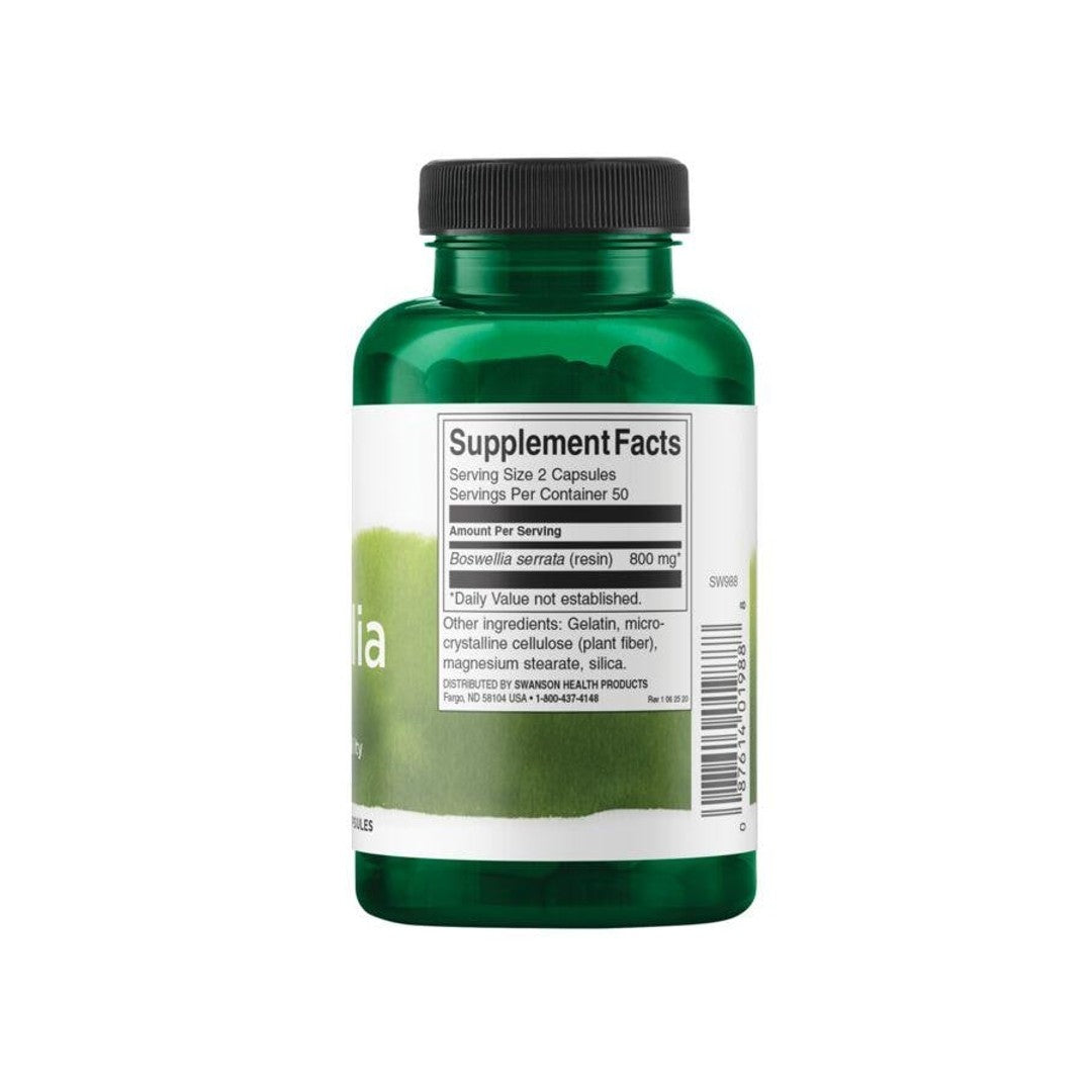 Ein Nahrungsergänzungsmittel Flasche Swanson Boswellia - 400 mg 100 Kapseln auf einem weißen Hintergrund.