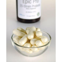 Thumbnail for Eine Schale mit weißen Pillen neben einer Flasche Swanson's Epic Pro 25-Strain Probiotic - 30 Vegi-Kapseln.