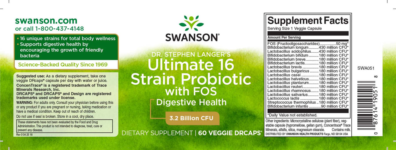 Swanson Dr. Stephen Langer 16 Stämme Probiotikum mit FOS - 60 pflanzliche Kapseln.