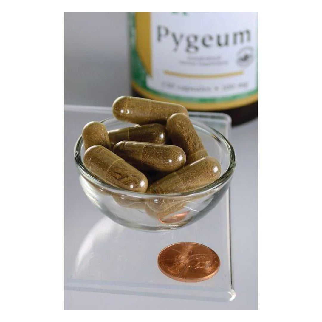 Swanson Pygeum Rinde und Extrakt - 120 Kapseln in einer Schale neben einem Penny, fördert die Gesundheit der Prostata.