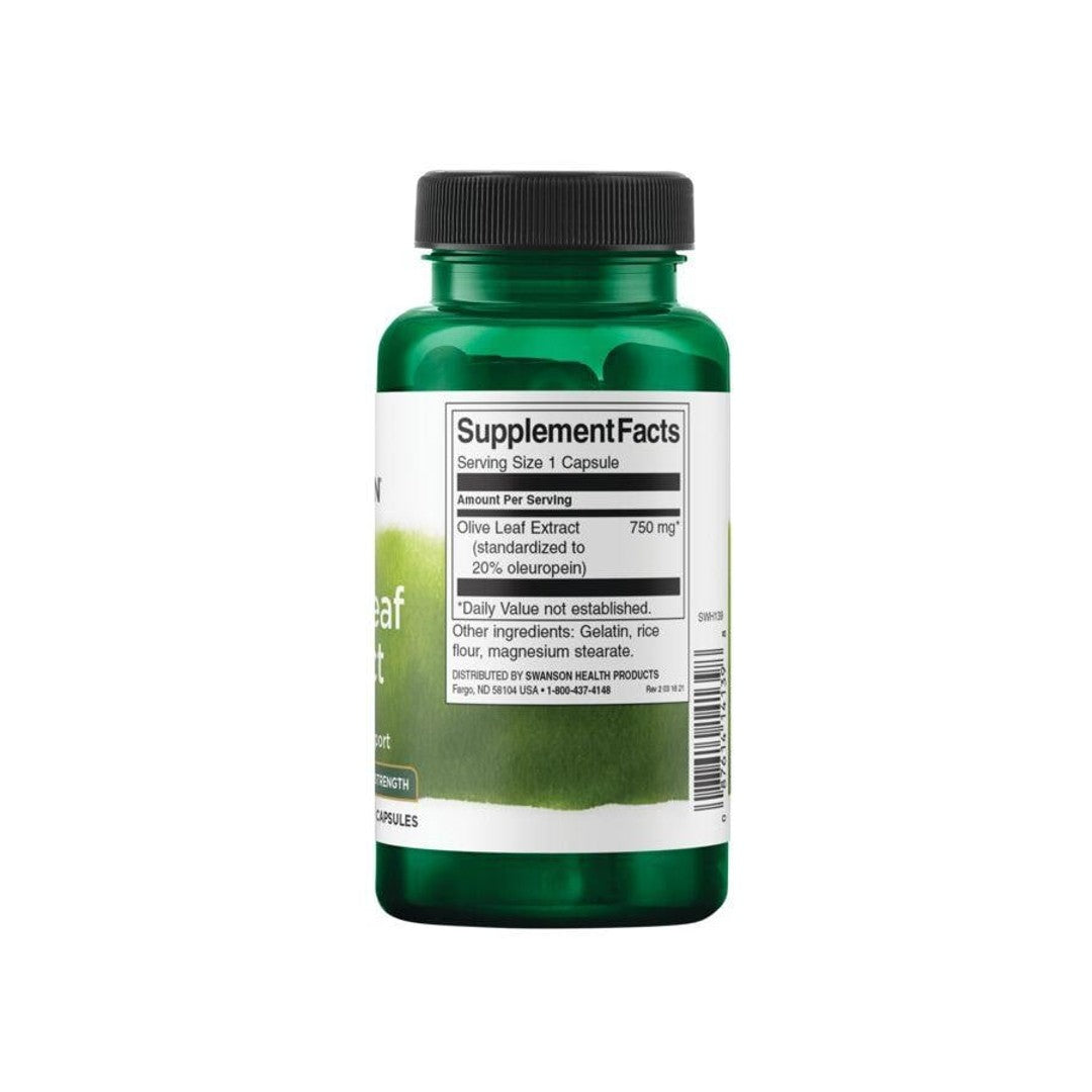Eine Flasche Olivenblattextrakt - 750 mg 60 Kapseln mit antioxidativen Eigenschaften, Marke Swanson.