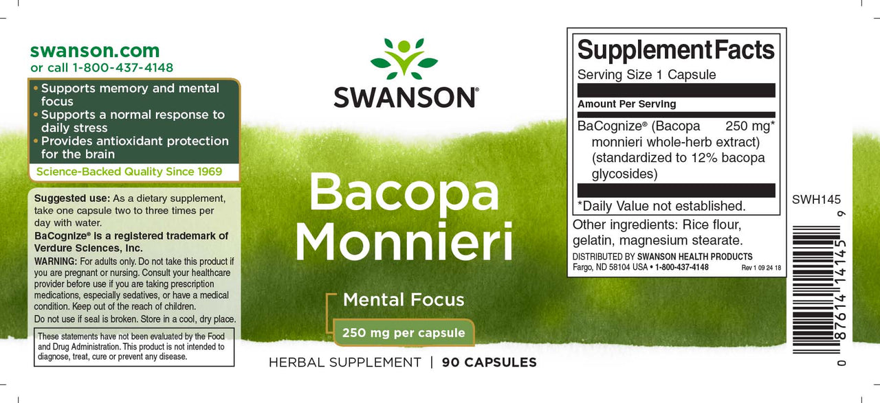 Swanson Bacopa Monnieri - 250 mg 90 Kapseln Nahrungsergänzungsmittel.