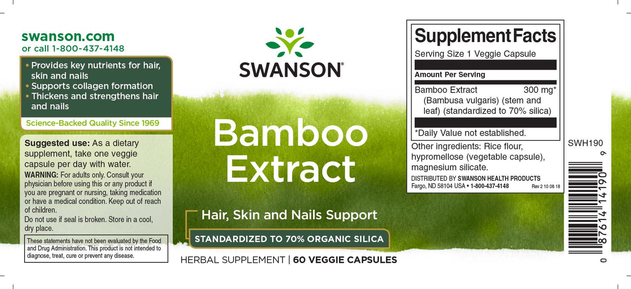 Nahrungsergänzungsmittel-Etikett für Swanson Bambus-Extrakt - 300 mg 60 Veggie-Kapseln.