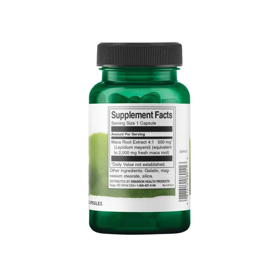 Eine Flasche Swanson Maca - 500 mg 60 Kapseln auf einem weißen Hintergrund.