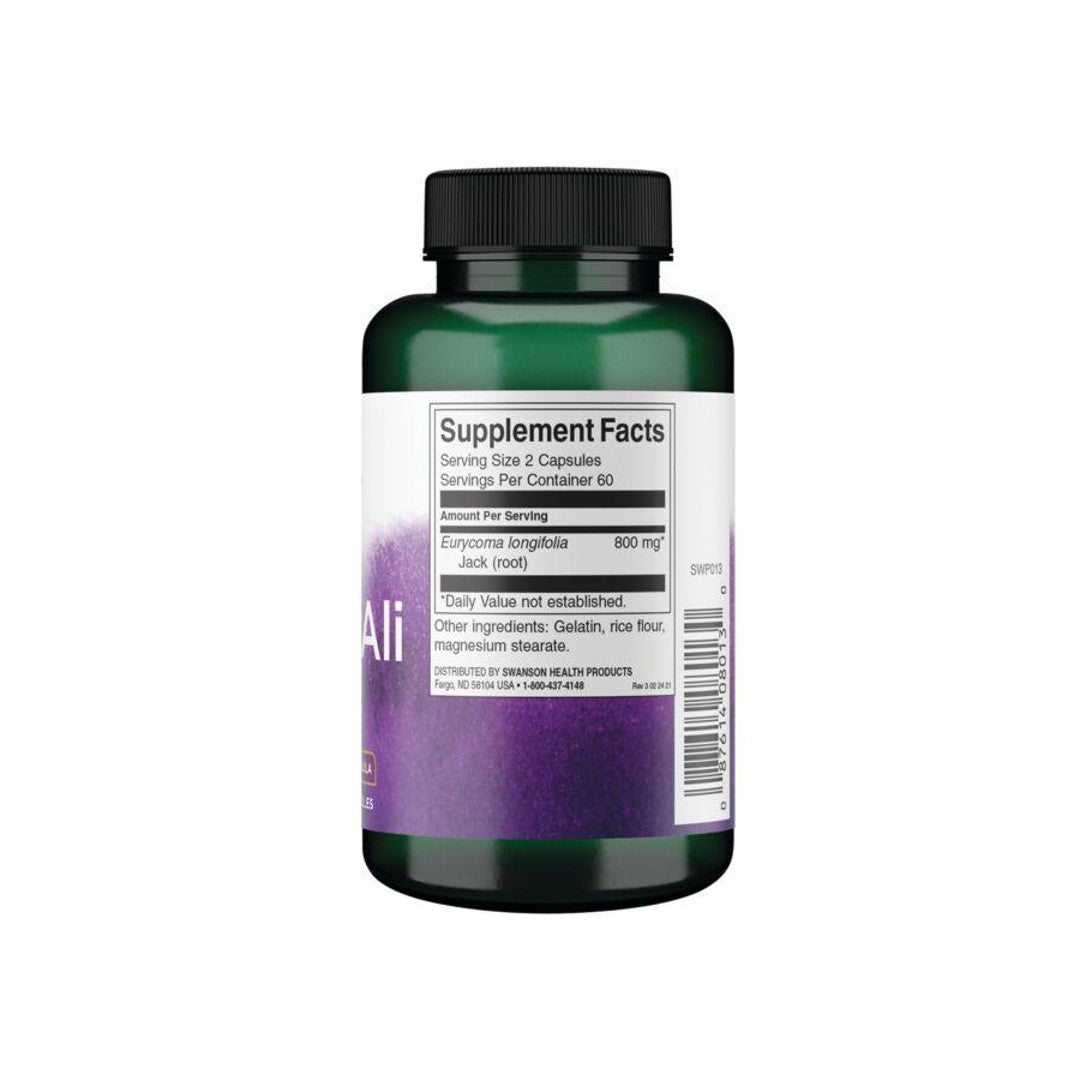 A bottle of Swanson Tongkat Ali - 400 mg 120 capsules with a purple label that promotes hormonal health.