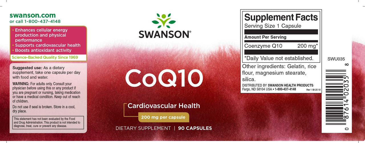 Eine Flasche Swanson Coenzym Q1O - 200 mg 90 Kapseln mit einem roten Etikett.