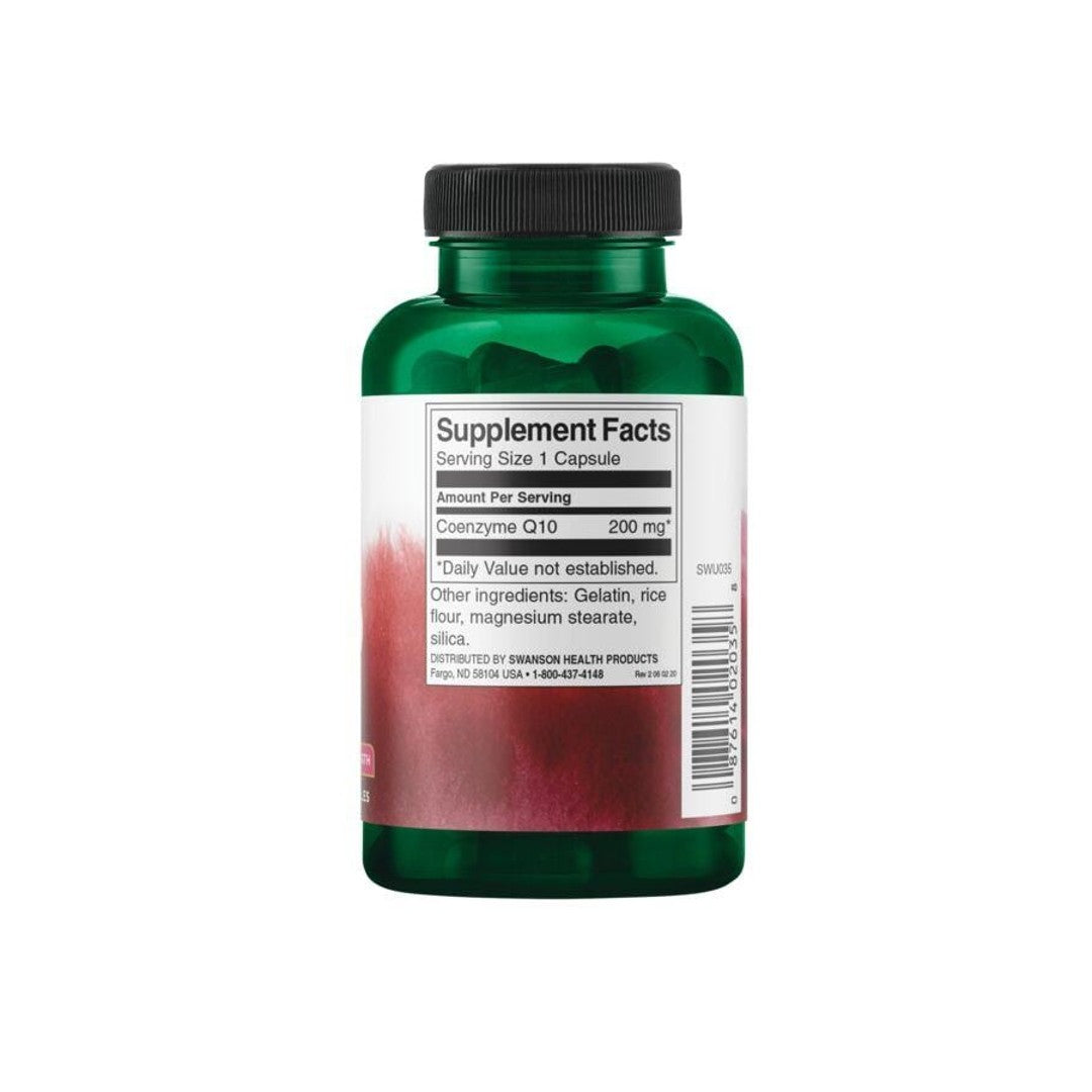 Eine Flasche Swanson Coenzym Q1O - 200 mg 90 Kapseln mit einem roten Etikett.