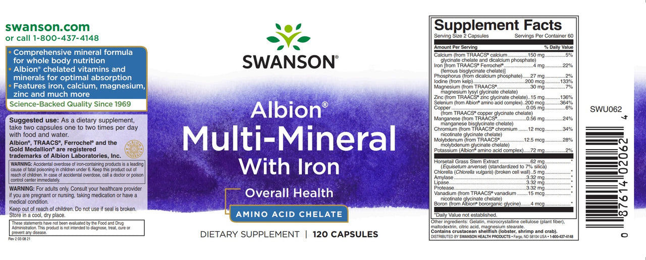 Swinson Multi Mineral With Iron - 120 Kapseln Albion Chelated ist ein Nahrungsergänzungsmittel, das chelatierte Vitamine und Mineralien von Albion enthält, einschließlich Aminosäurechelate.