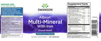Vorschaubild für Swinson Multi Mineral With Iron - 120 Kapseln Albion Chelated ist ein Nahrungsergänzungsmittel, das chelatierte Vitamine und Mineralien von Albion enthält, einschließlich Aminosäurechelate.