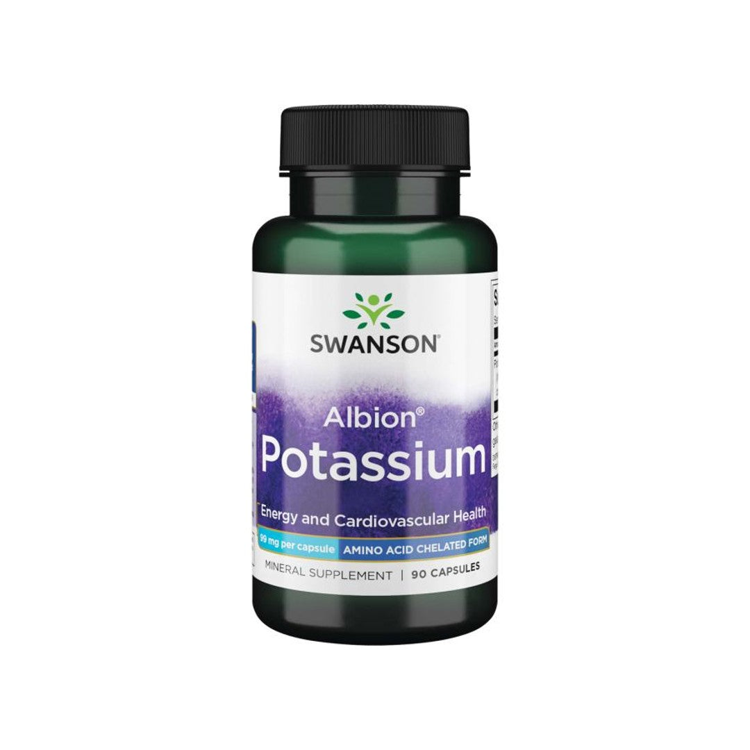 A bottle of Swanson brand Albion Chelated Potassium Glycinate 99 mg supplement, which aids in glucose absorption and blood pressure regulation, with 90 capsules.