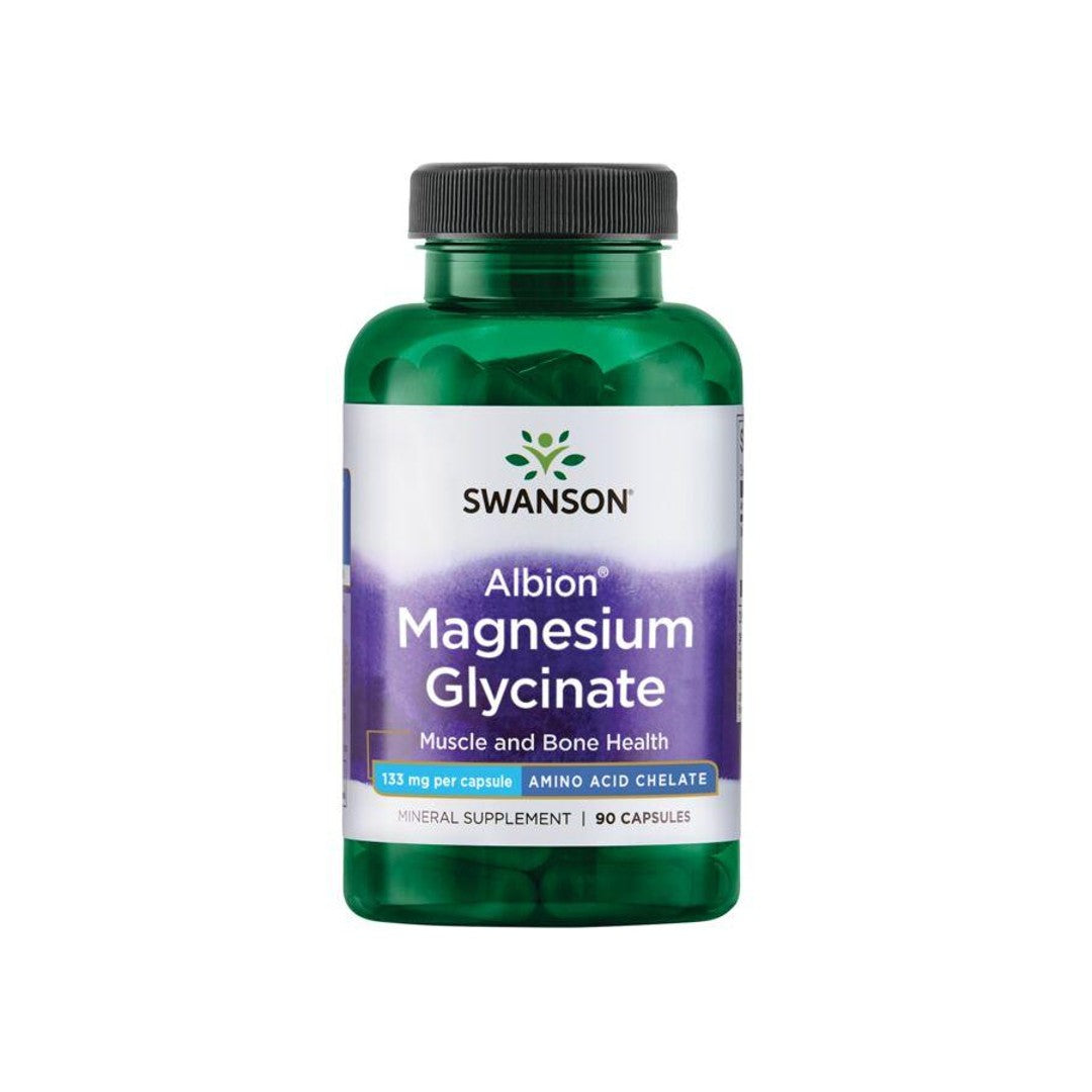 Bottle of Swanson Albion Chelated Magnesium Glycinate 133 mg dietary supplement, a sleep aid and muscle health booster, containing 90 capsules.