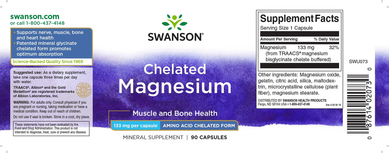 Bottle label for Swanson Albion Chelated Magnesium Glycinate 133 mg supplements highlighting muscle health, nutritional information, and a 90-capsule count.