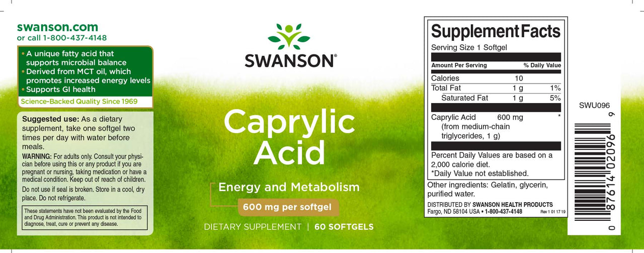 Ein Nahrungsergänzungsetikett für Swanson Caprylsäure - 600 mg 60 softgel.