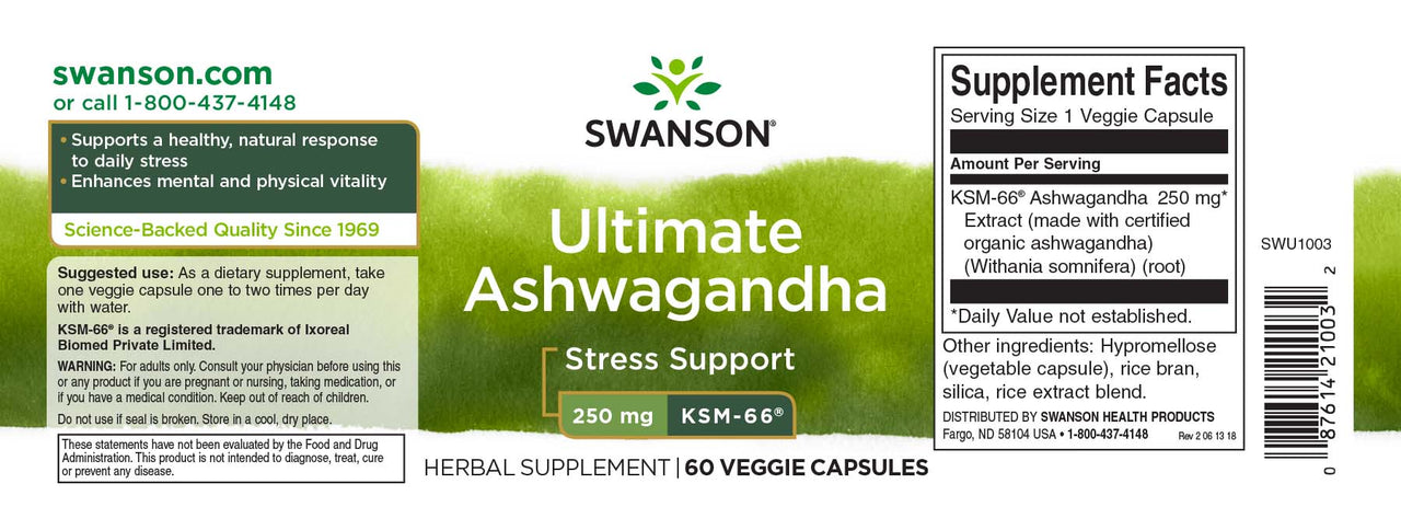 Swanson KSM-66 Ashwagandha - 250 mg 60 pflanzliche Kapseln.