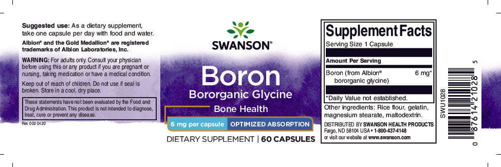 Das Etikett für Albion Bor Bororganic Glycine - 6 mg 60 Kapseln von Swanson.