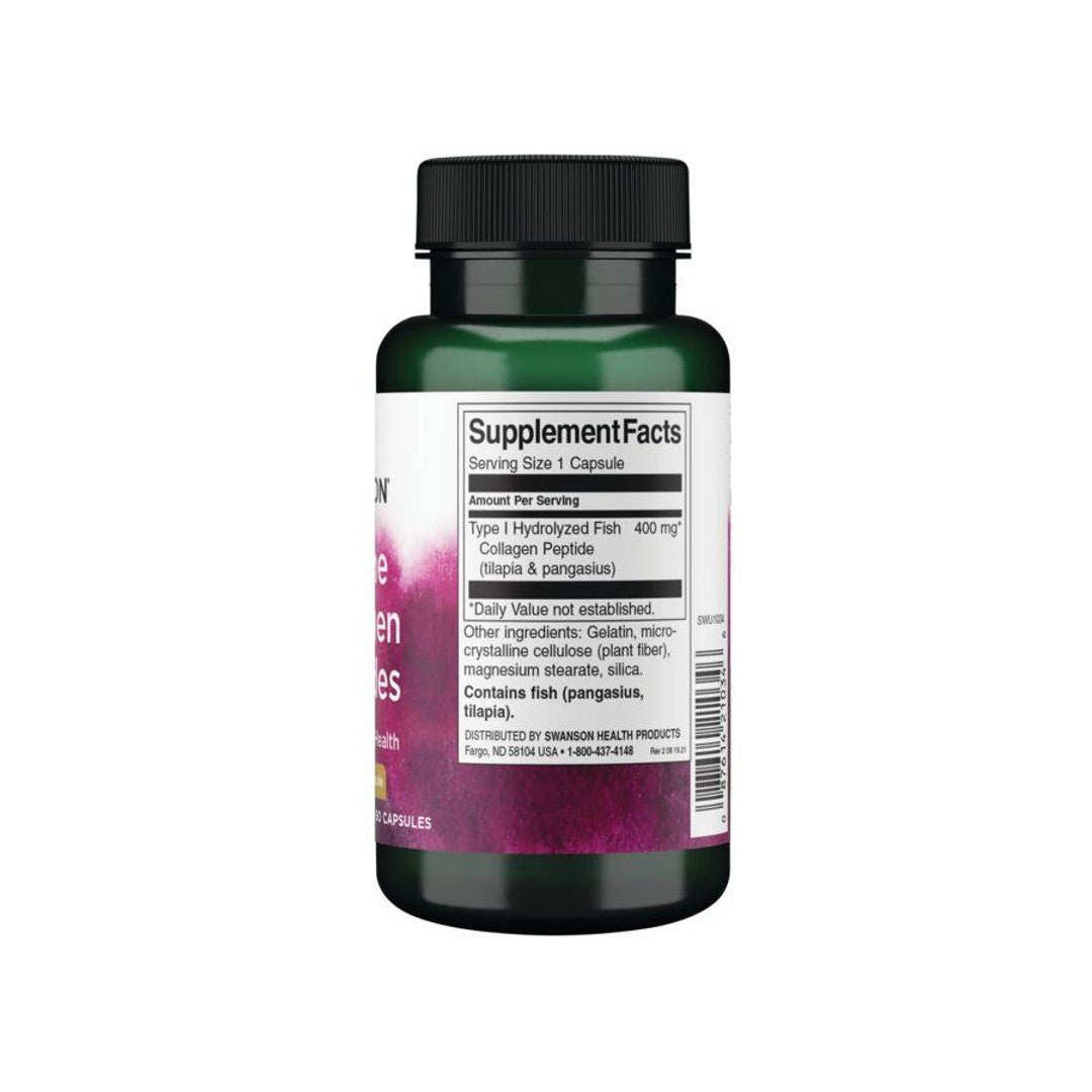 Eine Flasche Marine Collagen - 400 mg 60 Kapseln mit einem lila Etikett, Swanson.