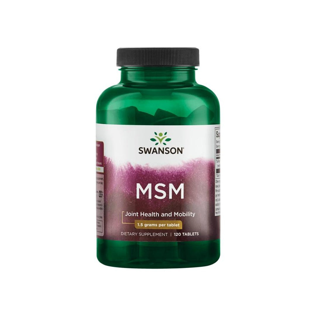 Ein weißer Hintergrund mit einer Flasche Swanson MSM - 1.500 mg 120 Tabletten, bekannt für seine gelenkschonenden und entzündungshemmenden Eigenschaften.