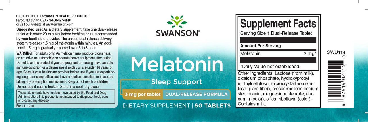 Eine Flasche Swanson Melatonin - 3 mg 60 Tabs Dual-Release zur Unterstützung des Schlafs.