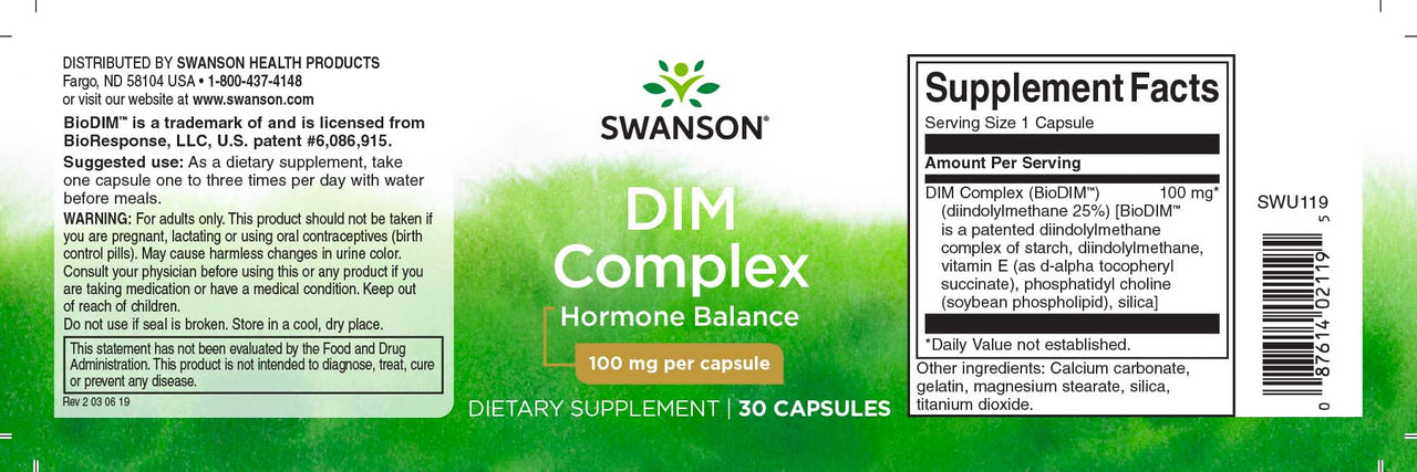 Das Etikett für Swanson's DIM Complex - 100 mg 30 Kapseln.
