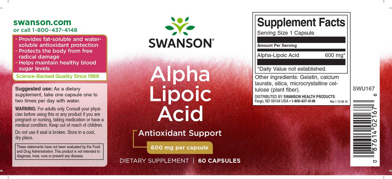 Swanson Alpha-Liponsäure - 600 mg 60 Kapseln ergänzen.
