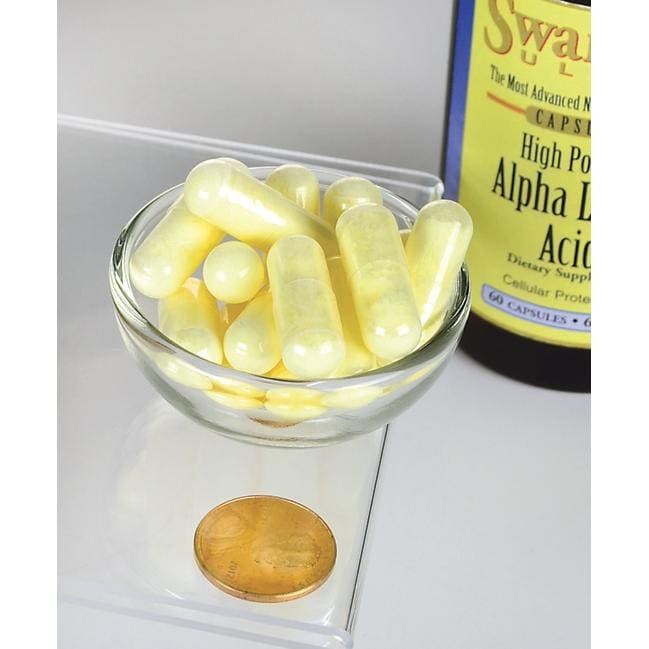Eine Flasche Swanson Alpha-Liponsäure - 600 mg 60 Kapseln mit einer Münze daneben.