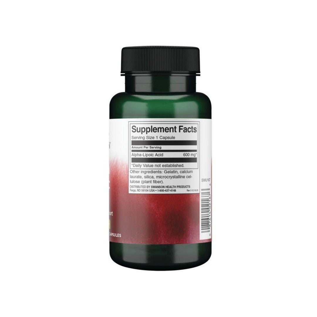 Eine Flasche Swanson Alpha-Liponsäure - 600 mg 60 Kapseln mit einem roten Etikett.