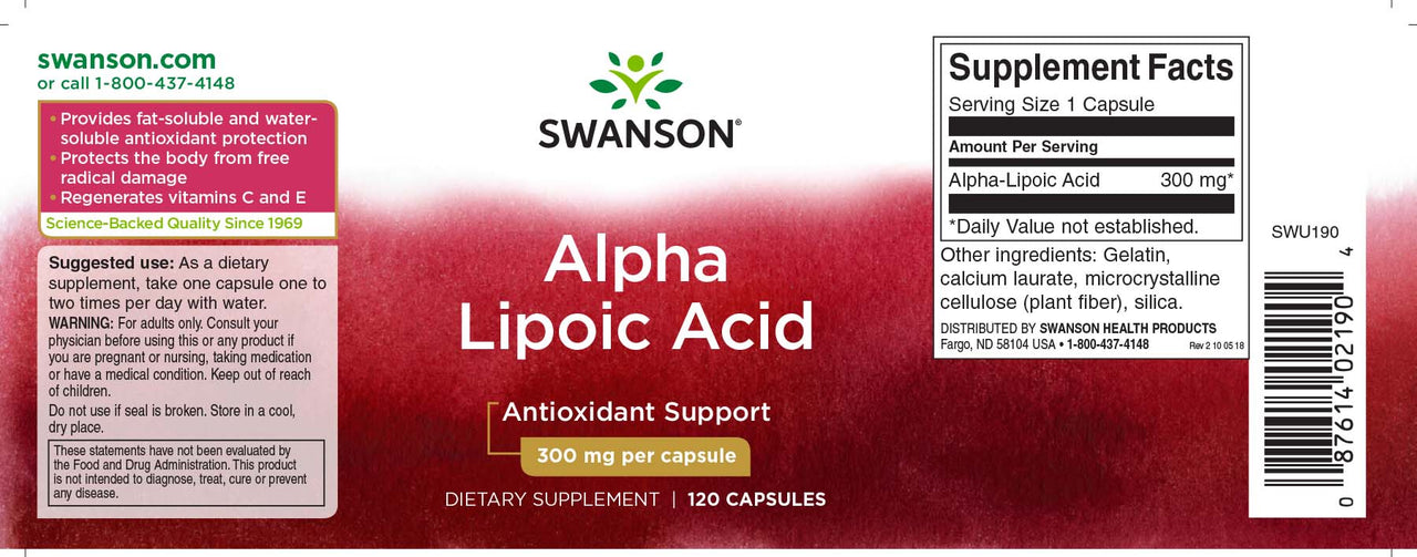 Eine Flasche Swanson Alpha-Liponsäure - 300 mg 120 Kapseln.