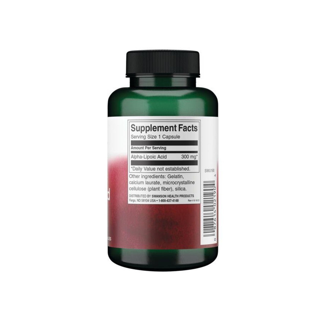 Eine Flasche Swanson Alpha-Liponsäure - 300 mg 120 Kapseln auf einem weißen Hintergrund.