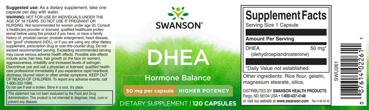 Ein Etikett für Swanson DHEA - 50 mg 120 Kapseln Ergänzungsmittel.