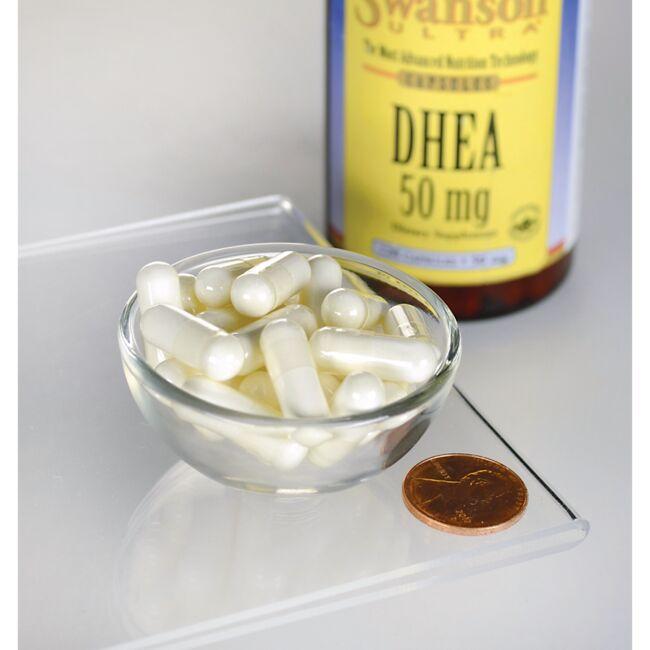 Eine Schale mit Swanson DHEA - 50 mg 120 Kapseln neben einer Flasche Swanson DHEA - 50 mg 120 Kapseln.