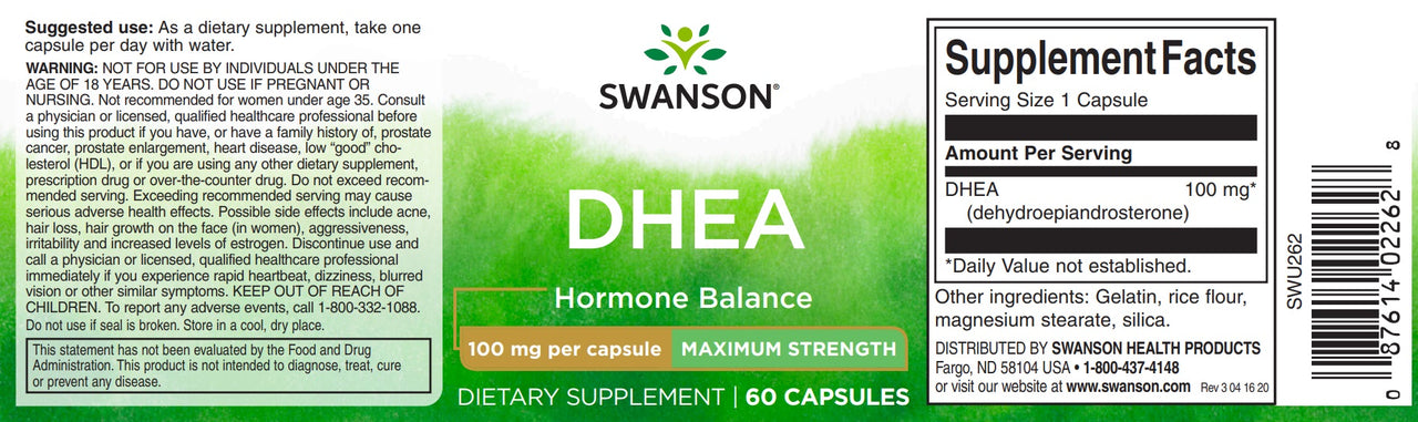 Ein Etikett für Swanson DHEA - 100 mg 60 Kapseln.