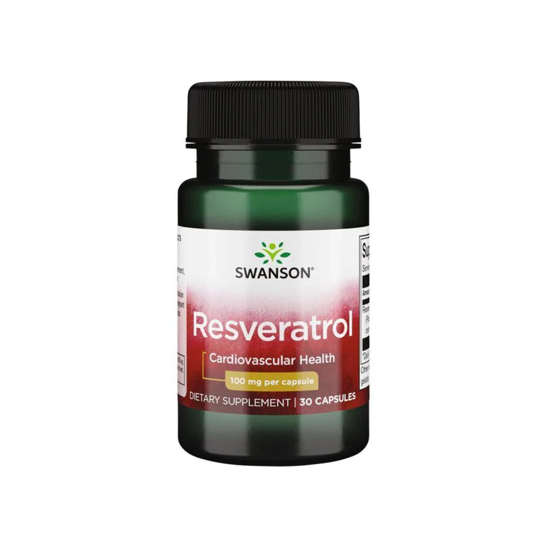 Eine Flasche Swanson Resveratrol - 100 mg 30 Kapseln, die antioxidativen Schutz für zelluläre Langlebigkeit und kardiovaskuläre Wellness bieten.