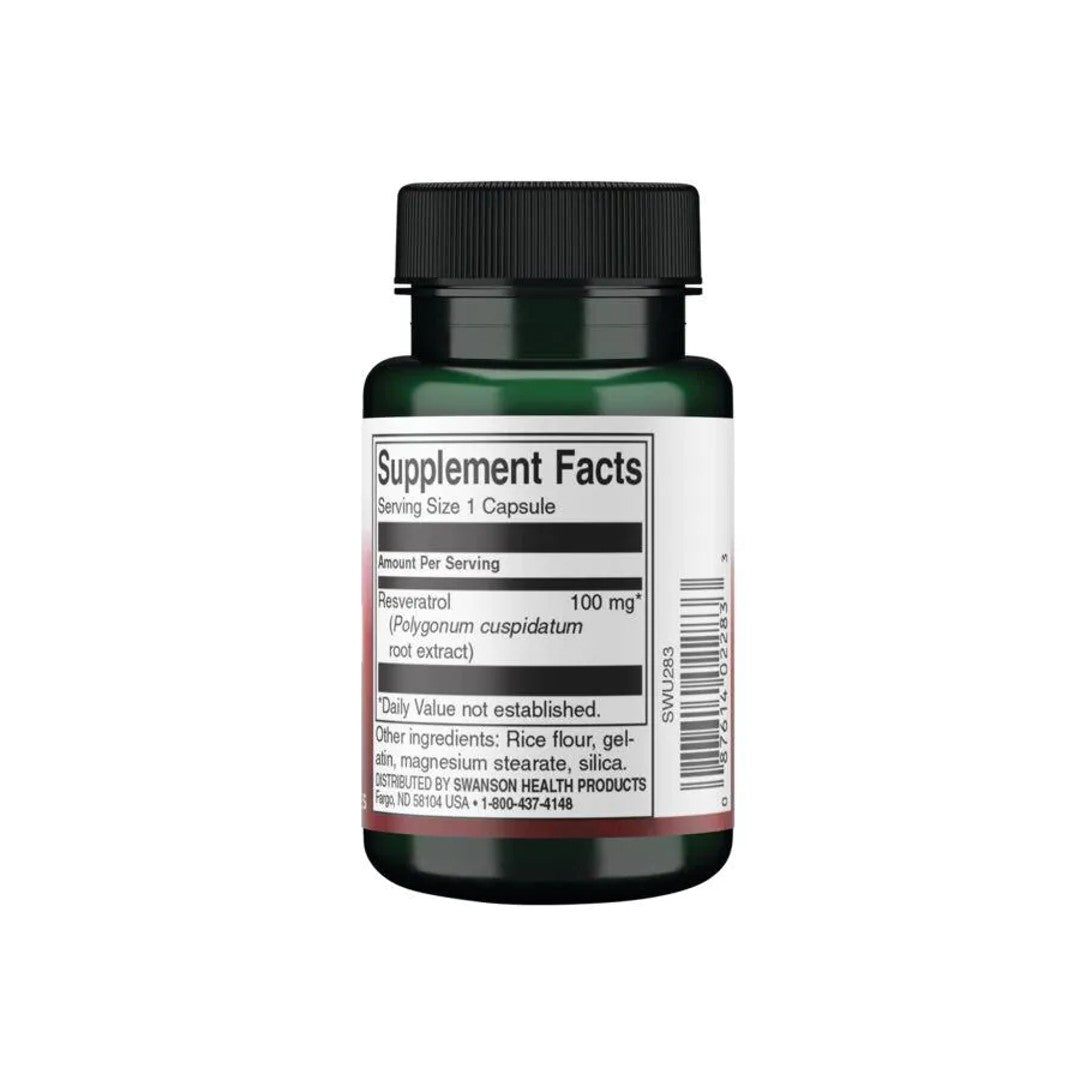 Eine Flasche Resveratrol - 100 mg 30 Kapseln von Swanson auf weißem Hintergrund, die antioxidativen Schutz für zelluläre Langlebigkeit und kardiovaskuläres Wohlbefinden bietet.