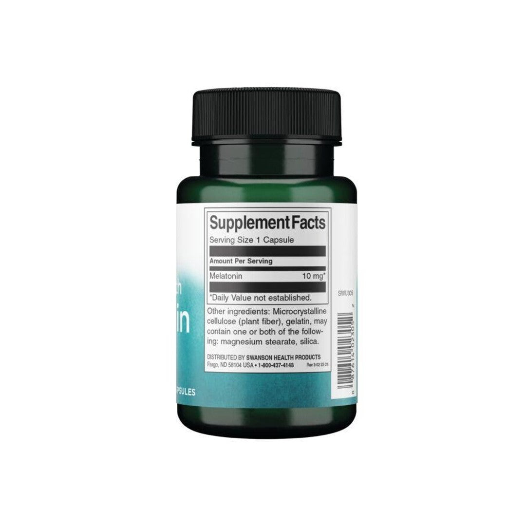 Eine Flasche Swanson Melatonin - 10 mg 60 Kapseln auf einem weißen Hintergrund.
