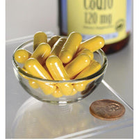 Vorschaubild für Swanson Coenzym Q10 - 120 mg 100 Kapseln in einer Glasschale neben einer Flasche.