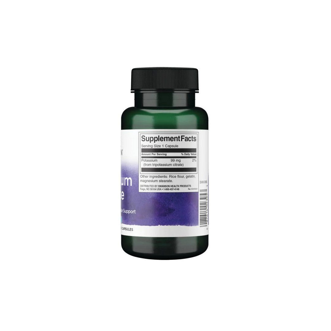 Swanson Potassium Citrate 99 mg, available in a green bottle containing 120 capsules, showcases the supplement facts label and ingredients on the back. This supplement is enriched with essential electrolyte minerals for optimal blood pressure maintenance.