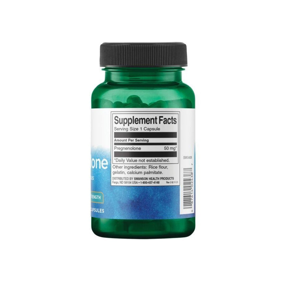 Eine Flasche Swanson Pregnenolon - 50 mg 60 Kapseln, ein Prohormon und Hormonvorläufer, auf weißem Hintergrund.