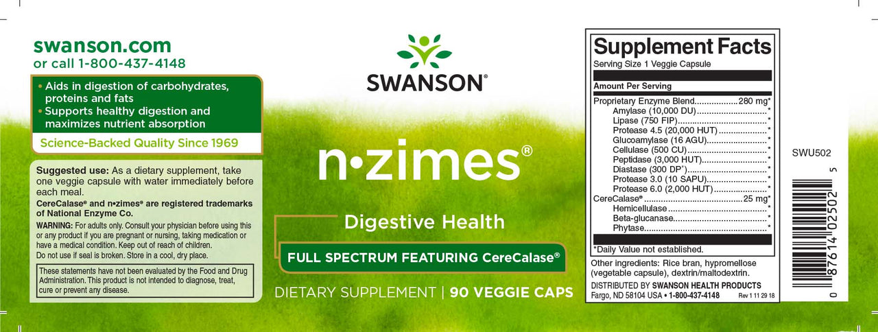 Swanson N-Zimes - 90 Veggie-Kapseln Verdauungsergänzung Etikett.