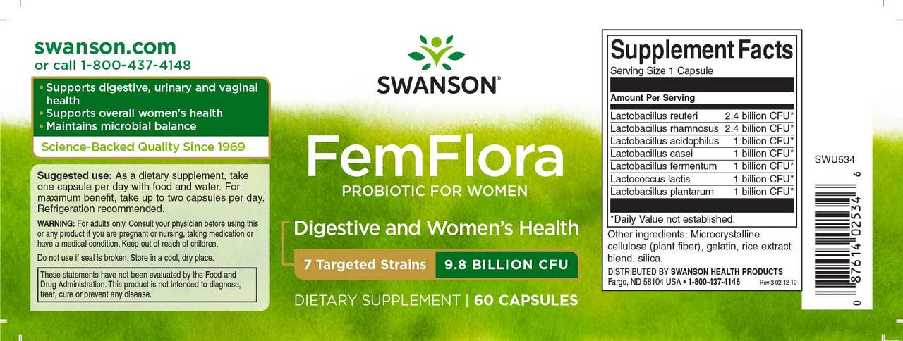 Swanson FemFlora Probiotic für Frauen - 60 Kapseln Etikett.