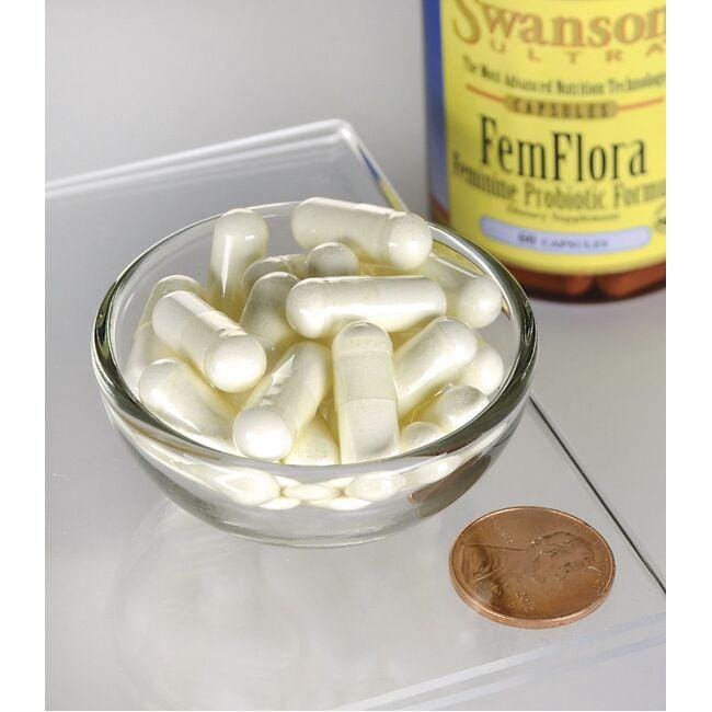 Eine Flasche FemFlora Probiotic for Women - 60 Kapseln von Swanson und einen Groschen in einer Schale.