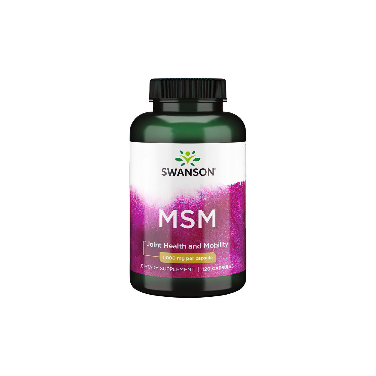 Eine Flasche Swanson MSM 1000 mg 120 Kapseln, die speziell für die Gesundheit der Gelenke und des Bindegewebes entwickelt wurde, steht auf einem sauberen weißen Hintergrund.